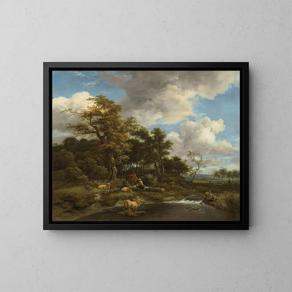 a wooded riverside landscape with shepherds and their flock - Jacob van Ruisdael — framed artwork on a wall