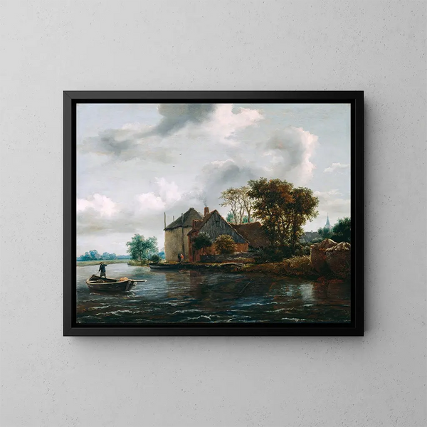 Farm and Haystack by the Riverbank - Jacob van Ruisdael — framed artwork on a wall