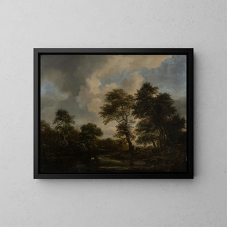 Lac forestier avec deux cygnes - Jacob van Ruisdael — framed artwork on a wall