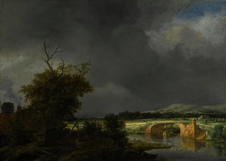 Landscape painting with a cottage and a stone bridge under a cloudy sky - Jacob van Ruisdael — artwork view