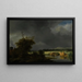 Landscape painting with a cottage and a stone bridge under a cloudy sky - Jacob van Ruisdael — framed artwork on a wall