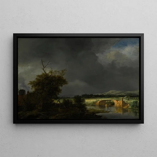 Landscape painting with a cottage and a stone bridge under a cloudy sky - Jacob van Ruisdael — framed artwork on a wall