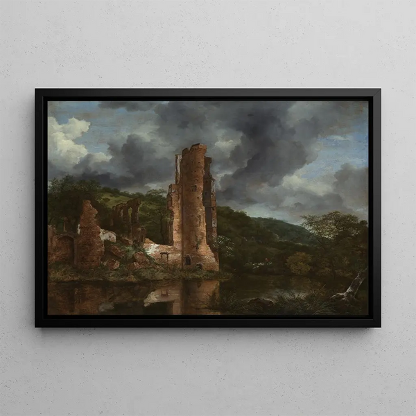 Landscape Painting with the Ruins of Egmond Castle - Jacob van Ruisdael — framed artwork on a wall