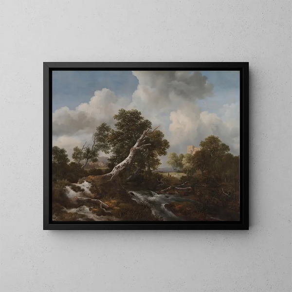 Cascade basse in a wooded landscape with a dead beech tree - Jacob van Ruisdael — framed artwork on a wall