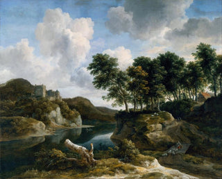 River landscape painting with a castle on a high cliff - Jacob van Ruisdael — artwork view