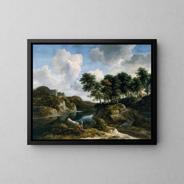 River landscape painting with a castle on a high cliff - Jacob van Ruisdael — framed artwork on a wall