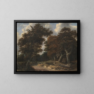 Route à travers une forêt de chênes - Jacob van Ruisdael — framed artwork on a wall