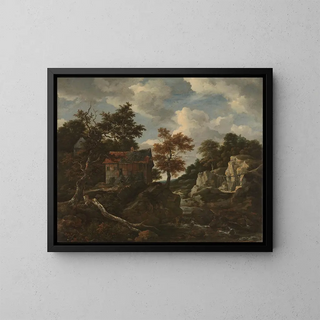 Landscape painting with rocky scenery - Jacob van Ruisdael — framed artwork on a wall