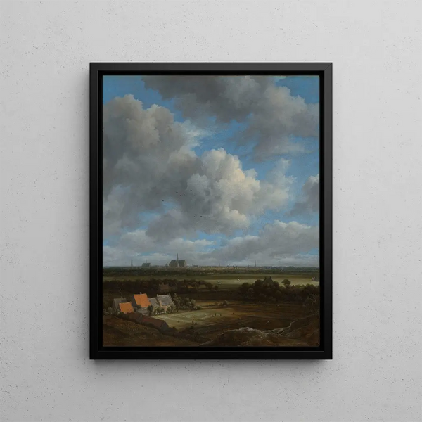 View of Haarlem from the northwest with the bleaching fields in the foreground - Jacob van Ruisdael — framed artwork on a wall