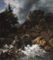 Cascade with a half-timbered house and a castle - Jacob van Ruisdael — artwork view