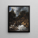 Cascade with a half-timbered house and a castle - Jacob van Ruisdael — framed artwork on a wall
