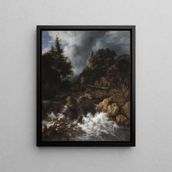 Cascade with a half-timbered house and a castle - Jacob van Ruisdael — framed artwork on a wall