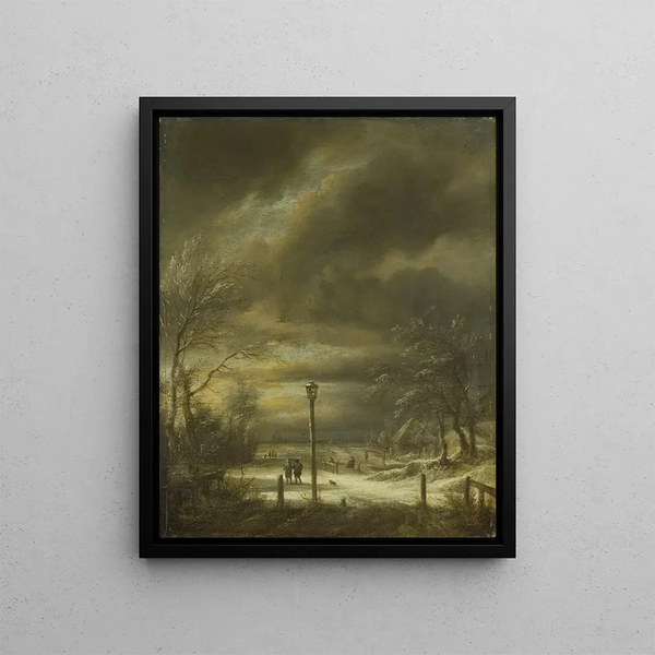 Winter Landscape Painting near Haarlem with a lamppost - Jacob van Ruisdael — framed artwork on a wall