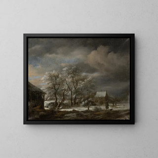 Winter landscape painting with snow-covered trees - Jacob van Ruisdael — framed artwork on a wall
