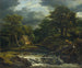 Landscape painting with wooded scenery, waterfall, and imminent storm - Jacob van Ruisdael — artwork view