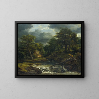 Landscape painting with wooded scenery, waterfall, and imminent storm - Jacob van Ruisdael — framed artwork on a wall