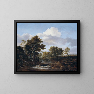 Landscape painting with a stream - Jacob van Ruisdael — framed artwork on a wall