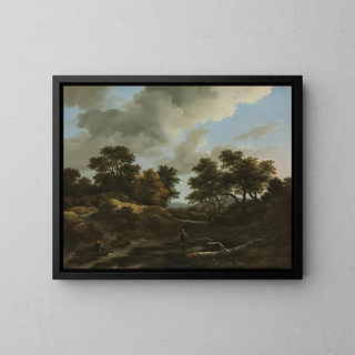 Landscape painting of wooded and hilly scenery - Jacob van Ruisdael — framed artwork on a wall