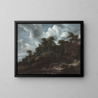a wooded hill with a view of Bentheim Castle - Jacob van Ruisdael — framed artwork on a wall