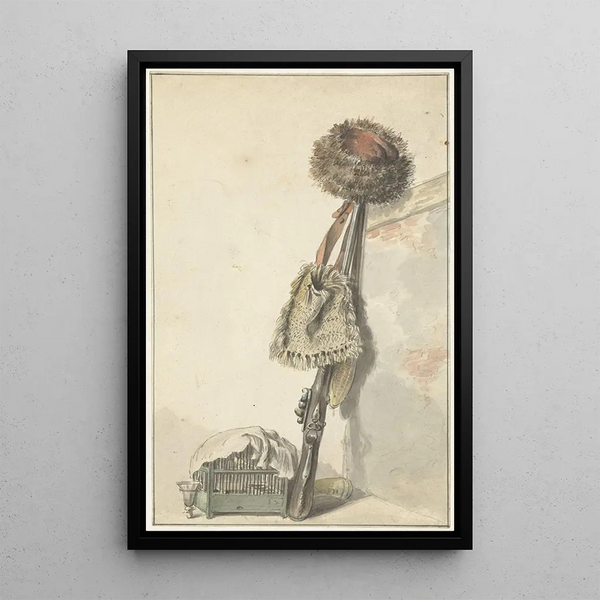 Hunting Still Life Painting with Birdcage - Jacob van Strij — framed artwork on a wall