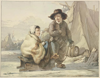 Girl on a sledge with a boy in a camp - Jacob van Strij — artwork view