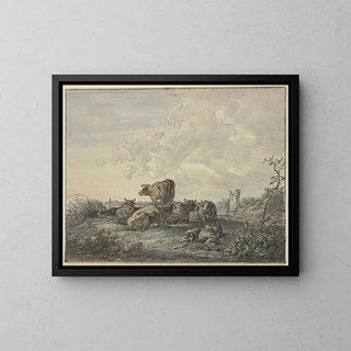 Bergère endormie and herd of cattle in a landscape - Jacob van Strij — framed artwork on a wall