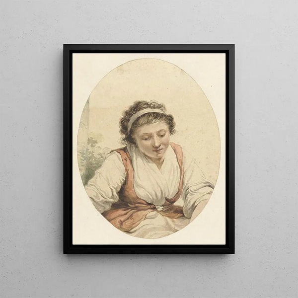 Woman with a red vest and a white ribbon in her hair - Jacob van Strij — framed artwork on a wall