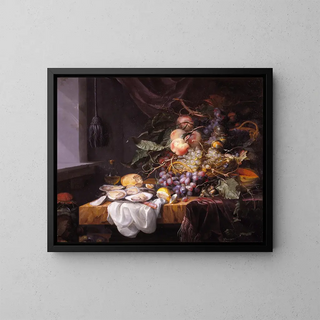 Still life with fruits and oysters - Jacob van Walscapelle — framed artwork on a wall