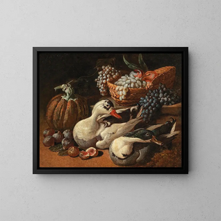 Nature morte avec des fruits et une paire de canards - Jacob van de Kerckhoven — framed artwork on a wall