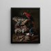 Still life with two parrots, a guinea pig, a basket of fruit, and poultry - Jacob van de Kerckhoven — framed artwork on a wall