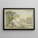 Landscape painting with a ruin on the left near a vase under trees, two figures - Jacob van de Velde — framed artwork on a wall