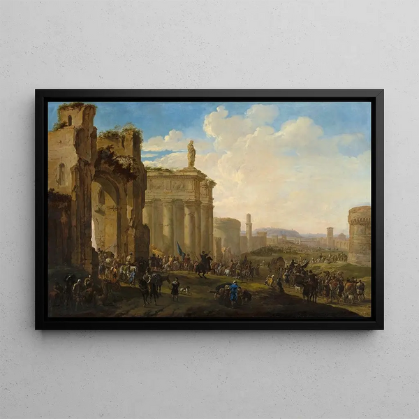 Army advancing among Roman ruins - Jacob van der Ulft — framed artwork on a wall