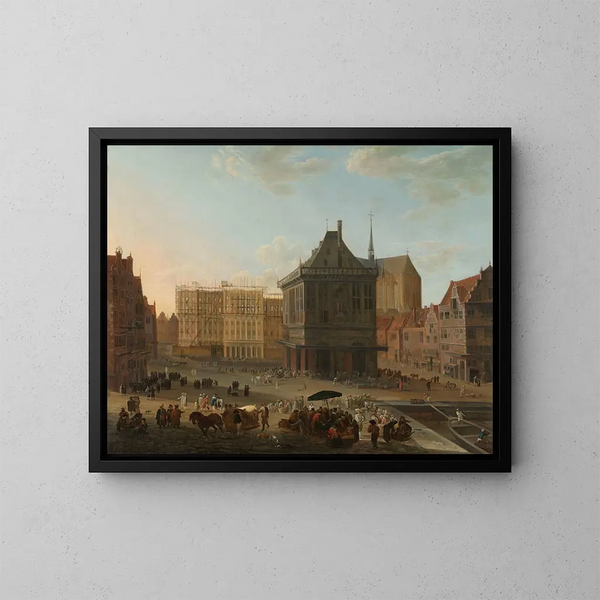 The Dam in Amsterdam with the new town hall under construction - Jacob van der Ulft — framed artwork on a wall