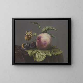 Butterfly and fly on a peach - Jacoba Maria van Nickelen — framed artwork on a wall