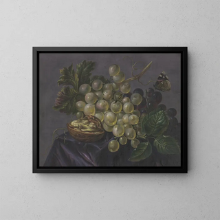 Butterfly and wasp among grapes - Jacoba Maria van Nickelen — framed artwork on a wall