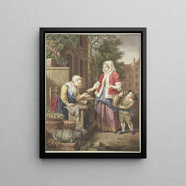 a lady with a boy buying apples - Jacobus Buys — framed artwork on a wall