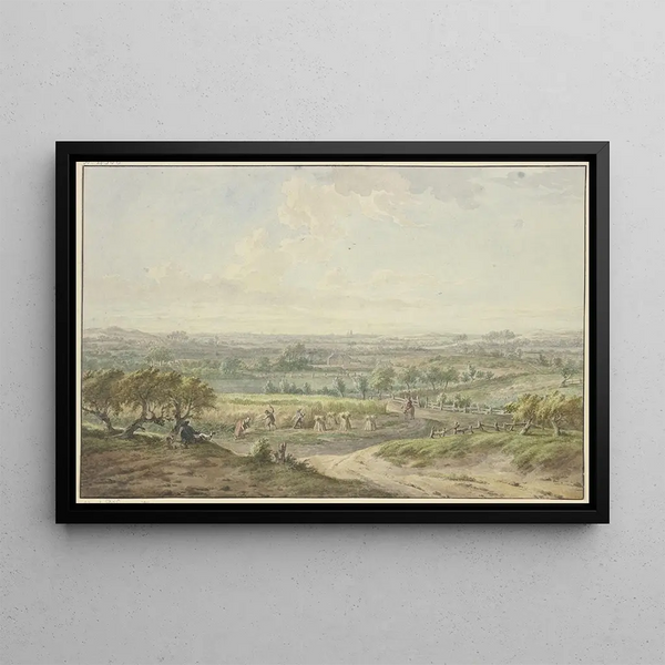 a Vast landscape with the harvest - Jacobus Buys — framed artwork on a wall