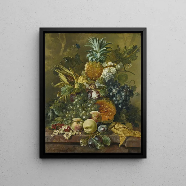 a painting featuring a pineapple, plums, grapes, and other fruits with corn on a marble ledge - Jacobus Linthorst — framed artwork on a wall