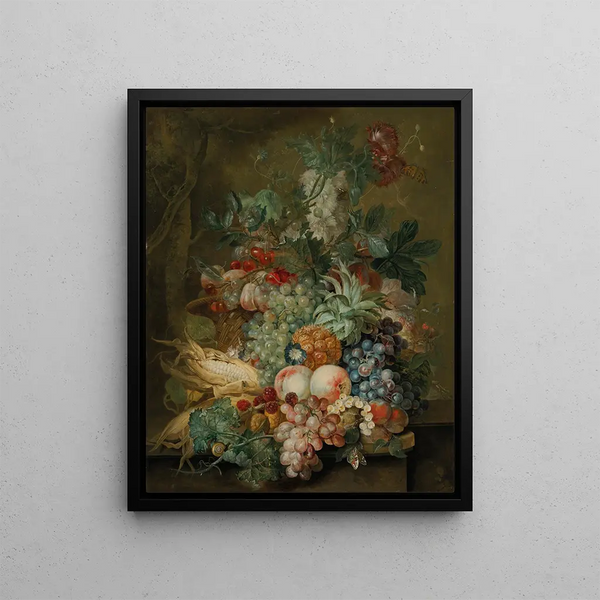 Raisins, peaches, sweet corn, pineapple, poppies and other fruits and flowers in a wicker basket on a ledge - Jacobus Linthorst — framed artwork on a wall
