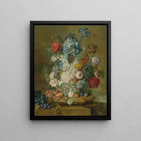 Still life painting of peonies, primroses, irises, tulips, a poppy, and other flowers with grapes, a melon, a pomegranate, peaches, plums, and nuts - Jacobus Linthorst — framed artwork on a wall