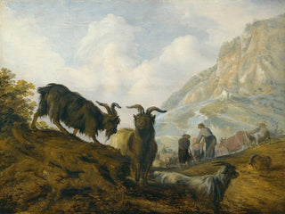 Chèvres sur une colline avec des bergers au loin - Jacobus Sibrandi Mancadan — artwork view
