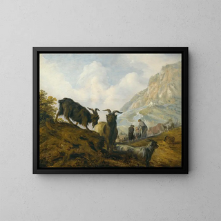 Chèvres sur une colline avec des bergers au loin - Jacobus Sibrandi Mancadan — framed artwork on a wall