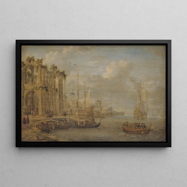 Scene of port with antique ruins - Jacobus Storck — framed artwork on a wall