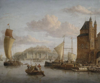 a Northern port painting of a castle with numerous cargo and merchant ships - Jacobus Storck — artwork view