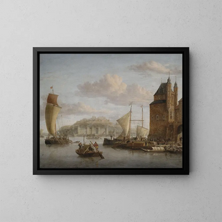 a Northern port painting of a castle with numerous cargo and merchant ships - Jacobus Storck — framed artwork on a wall