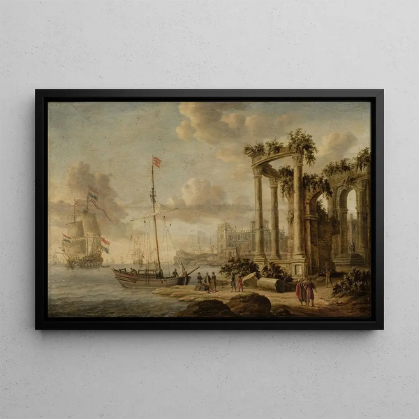 Coastal landscape painting with ancient ruins on the coast - Jacobus Storck — framed artwork on a wall