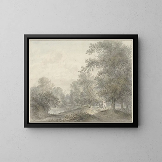 Forest landscape painting with rider and pond - Jacobus Versteegen — framed artwork on a wall