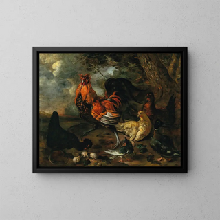A rooster and poultry in a landscape - Jacobus Victors — framed artwork on a wall