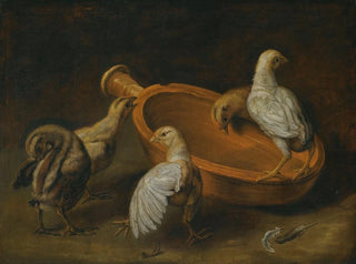 Five Chicks Gathered Around a Water Bowl - Jacobus Victors — artwork view