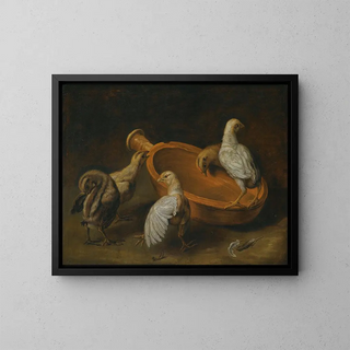 Five Chicks Gathered Around a Water Bowl - Jacobus Victors — framed artwork on a wall